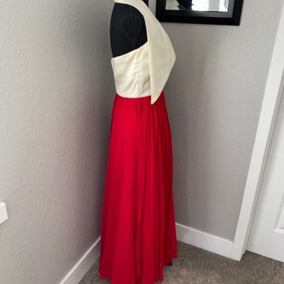 GORGEOUS Vintage 1960s Ivory Satin Halter Dress Red Chiffon Maxi Small 4 - Picture 6 of 16